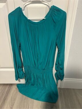Ramy Brook Teal Long-Sleeve Gathered-Waist Dress